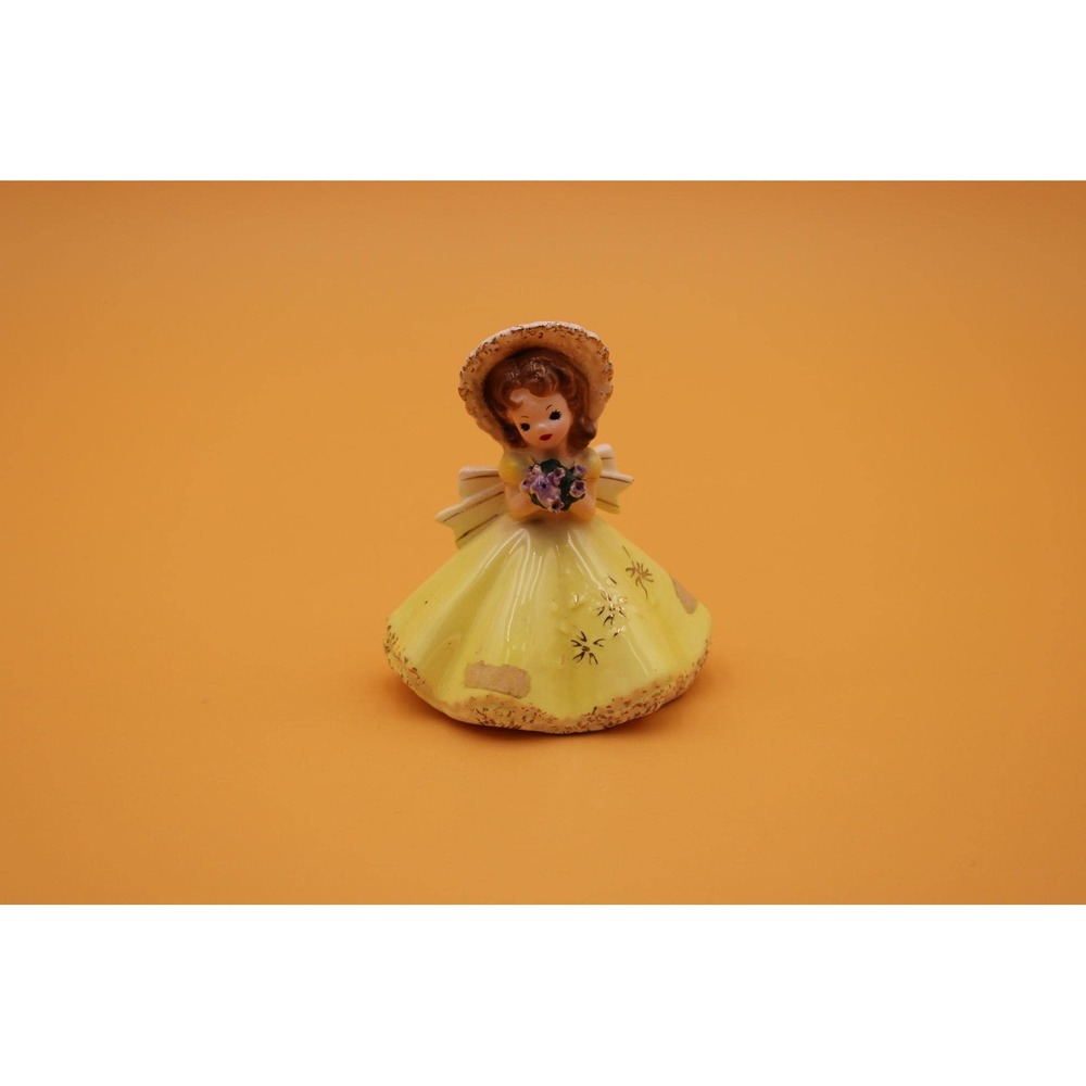 Vintage Josef Original Bonnet Girl Figurine, Yellow Dress